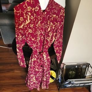 Nanette long button down dress, size M, Burgundy and gold